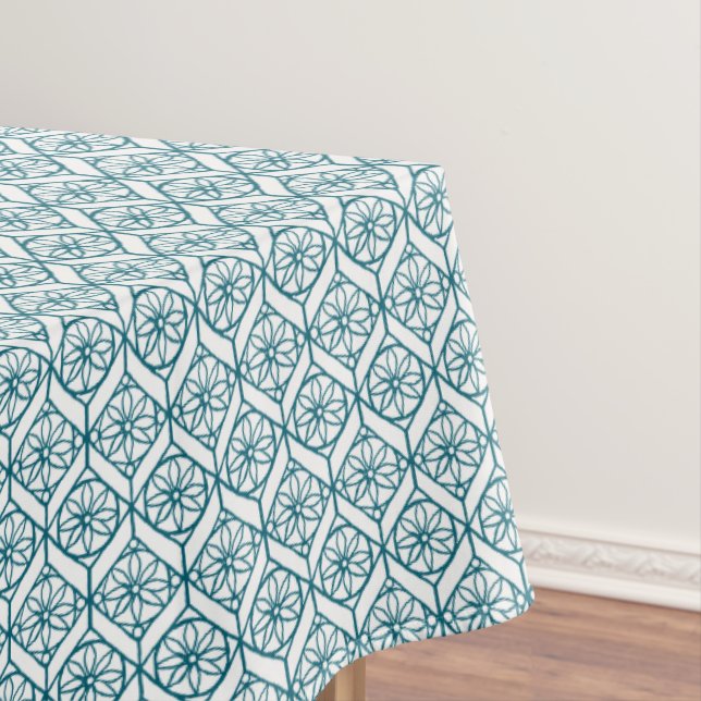 Teal on White Ethnic Pattern, Flowers, Chevrons Tablecloth (In Situ)