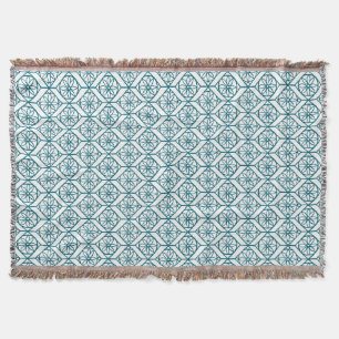 Teal on White Ethnic Pattern, Flowers, Chevrons Throw Blanket