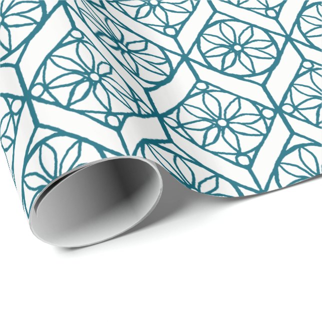 Teal on White Ethnic Pattern, Flowers, Chevrons Wrapping Paper (Roll Corner)