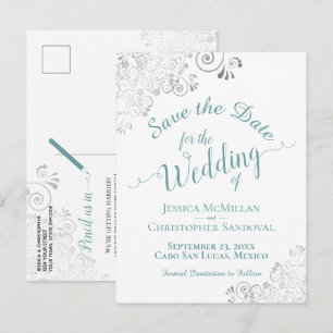 Teal on White Lacy Silver Wedding Save the Date Announcement Postcard