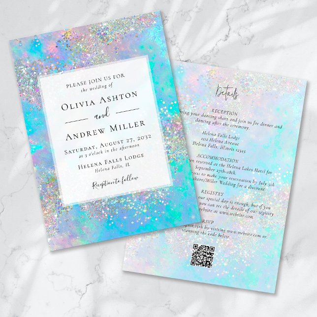 Teal Opal Stone Glitter All in One QR Wedding Invitation (Creator Uploaded)