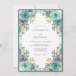 Teal Opulent Floral Garland Wedding Invitation