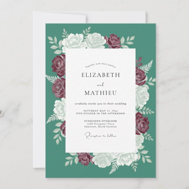 Teal Opulent Winter Rose Wedding Invitation (Front)