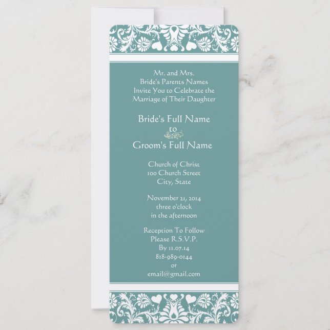Teal or Any Colour Damask Swirls Wedding Invitatio Invitation (Front)