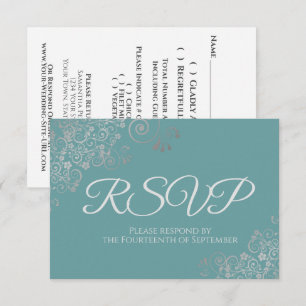 Teal or Turquoise Elegant Silver Lace Wedding RSVP Card