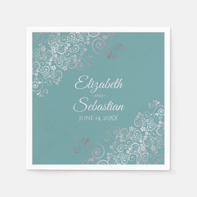 Teal or Turquoise Silver Frills Elegant Wedding Napkin (Front)