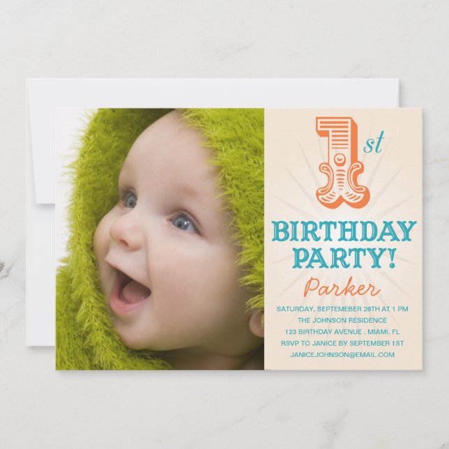 TEAL & ORANGE 1ST  | FIRST BIRTHDAY INVITATION (Front)