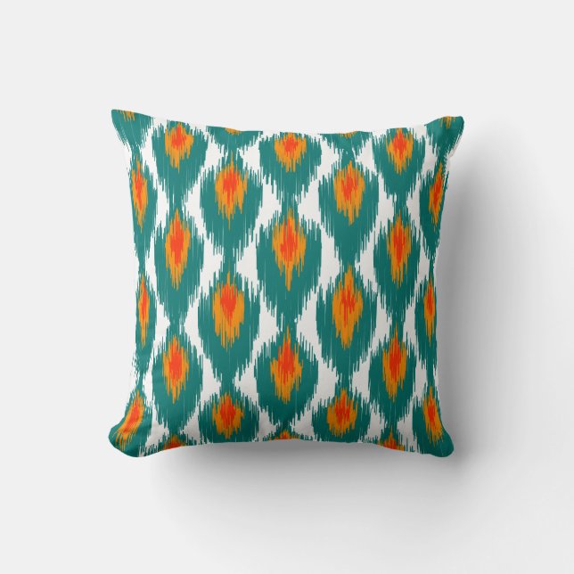 Teal Orange Abstract Tribal Ikat Diamond Pattern Cushion (Front)
