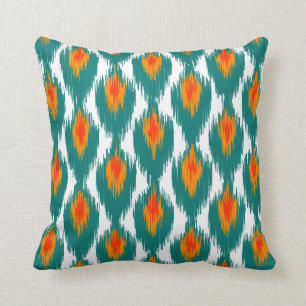 Teal Orange Abstract Tribal Ikat Diamond Pattern Cushion
