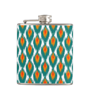 Teal Orange Abstract Tribal Ikat Diamond Pattern Hip Flask