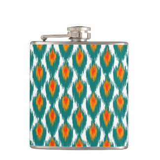 Teal Orange Abstract Tribal Ikat Diamond Pattern Hip Flask