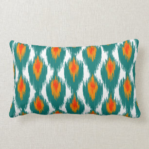 Teal Orange Abstract Tribal Ikat Diamond Pattern Lumbar Cushion