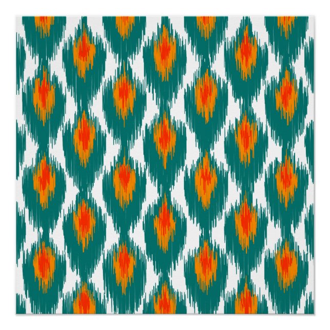 Teal Orange Abstract Tribal Ikat Diamond Pattern Poster (Front)
