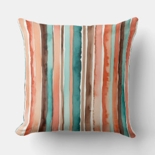 Teal, orange and brown watercolor stripes cushion