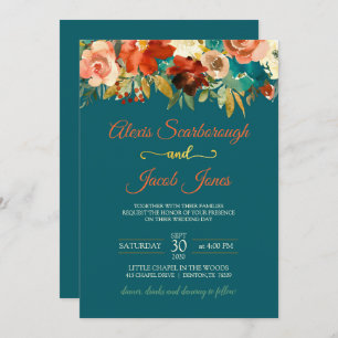 Teal, Orange and Gold Floral Wedding Invitation