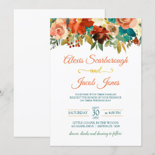Teal, Orange and Gold Floral Wedding Invitation Wh