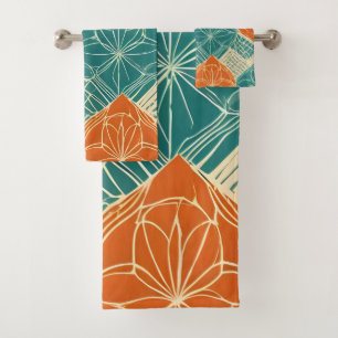 Teal, Orange, and Tan Abstract Flowers  Bath Towel Set