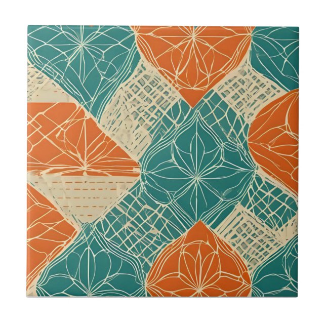 Teal, Orange, and Tan Abstract Flowers Ceramic Tile (Front)