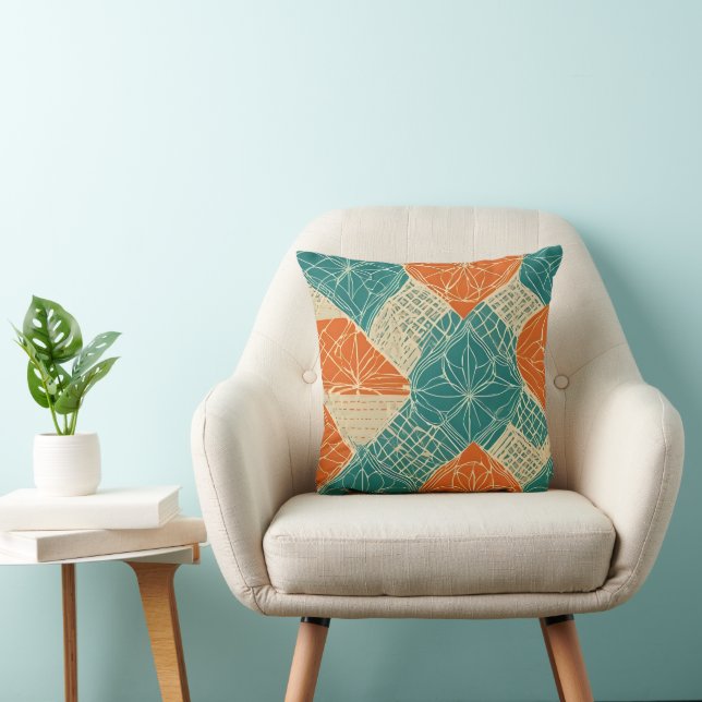 Teal, Orange, and Tan Abstract Flowers Cushion (Chair)