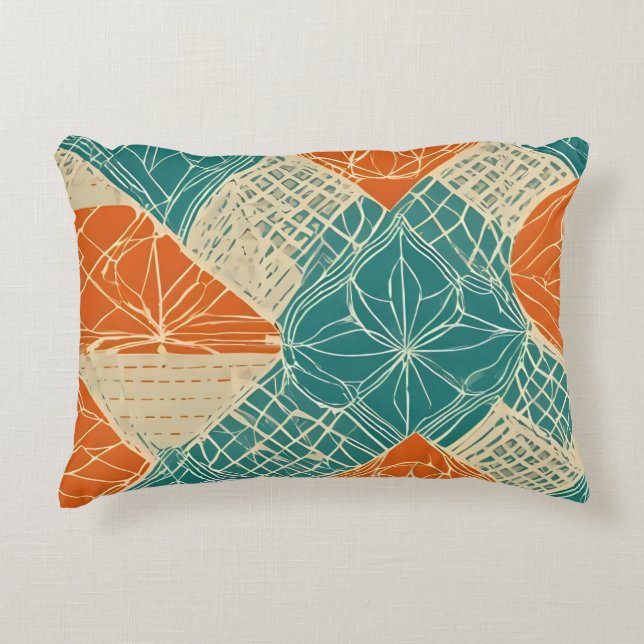 Teal, Orange, and Tan Abstract Flowers Decorative Cushion (Front)