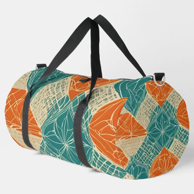 Teal, Orange, and Tan Abstract Flowers Duffle Bag (Left Corner)