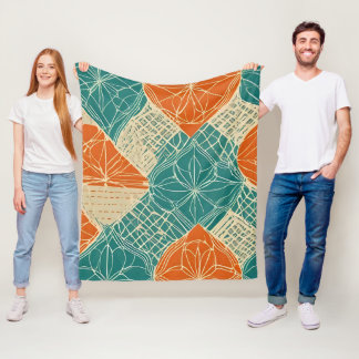 Teal, Orange, and Tan Abstract Flowers Fleece Blanket