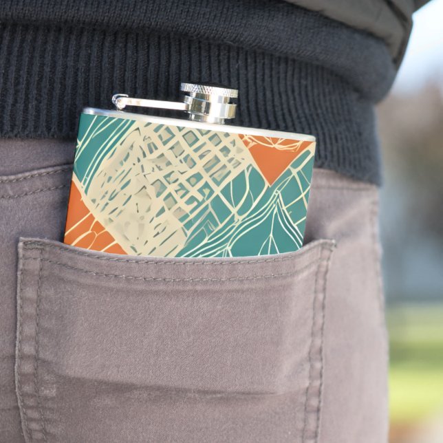 Teal, Orange, and Tan Abstract Flowers Hip Flask (In Situ)