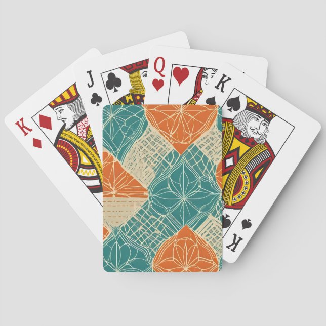 Teal, Orange, and Tan Abstract Flowers Playing Cards (Back)