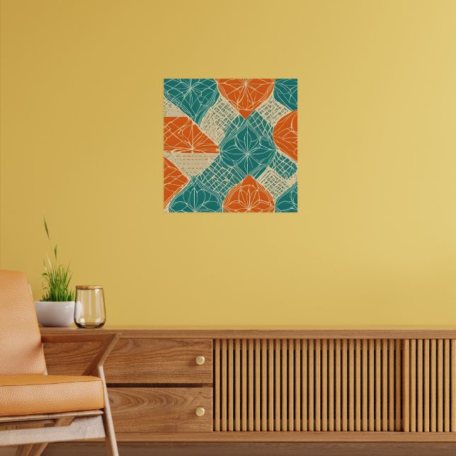 Teal, Orange, and Tan Abstract Flowers Poster (Living Room 2)
