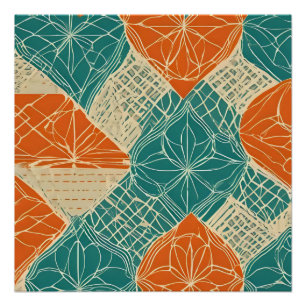 Teal, Orange, and Tan Abstract Flowers Poster
