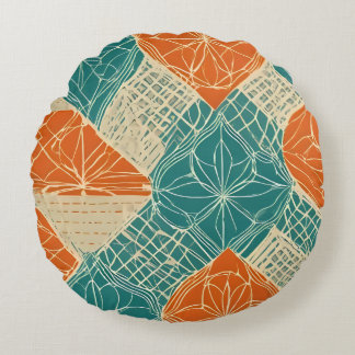 Teal, Orange, and Tan Abstract Flowers Round Cushion