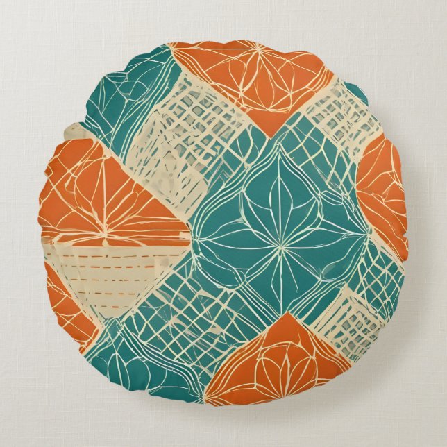 Teal, Orange, and Tan Abstract Flowers Round Cushion (Front)