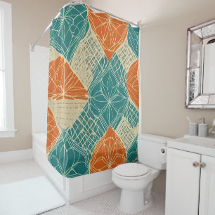 Teal, Orange, and Tan Abstract Flowers  Shower Curtain