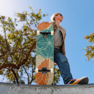 Teal, Orange, and Tan Abstract Flowers Skateboard