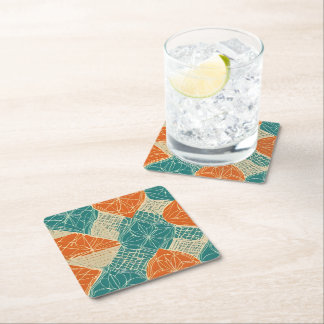 Teal, Orange, and Tan Abstract Flowers Square Paper Coaster