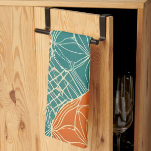 Teal, Orange, and Tan Abstract Flowers Tea Towel
