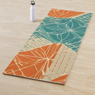 Teal, Orange, and Tan Abstract Flowers Yoga Mat