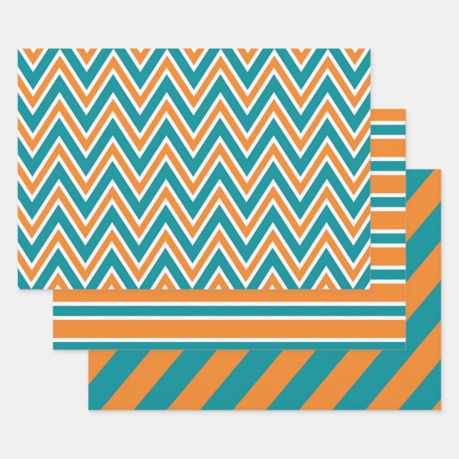 Teal, Orange, and White Chevron & Stripe Patterns Wrapping Paper Sheet (Set)