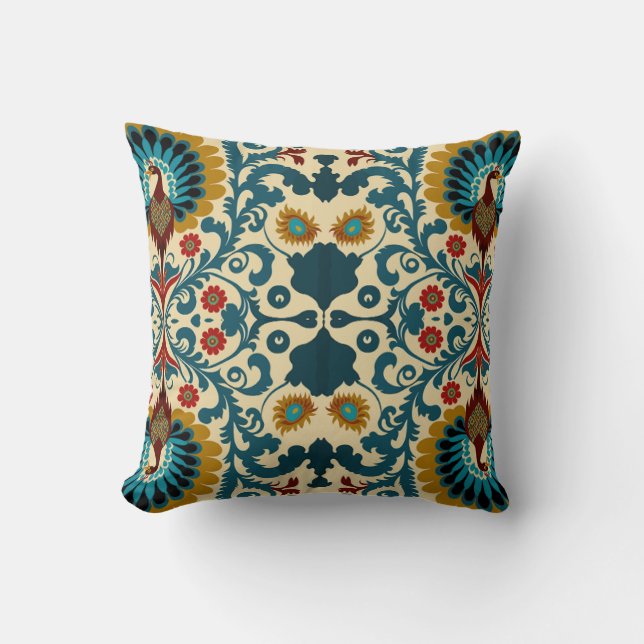 Teal, orange and yellow floral pattern  cushion (Front)