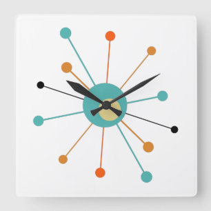 Teal Orange Atomic Era Starburst Mid Century Square Wall Clock