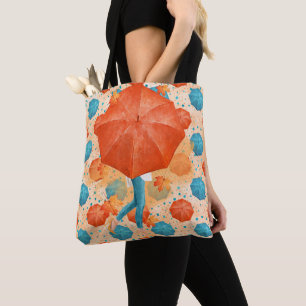 TEAL & ORANGE AUTUMN UMBRELLAS WITH WOMAN TOTE BAG