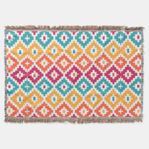 Teal Orange Aztec Tribal Print Ikat Diamond Pattrn Throw Blanket