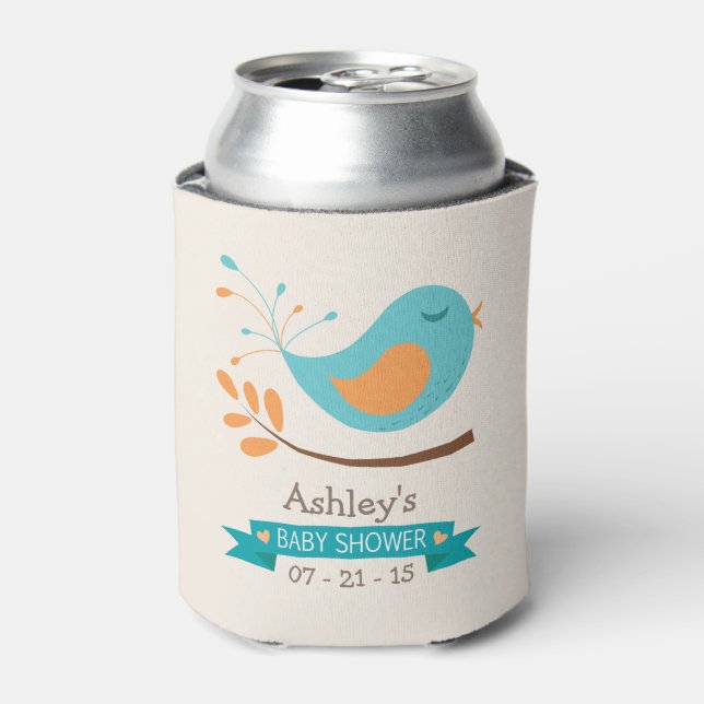 Teal & Orange Bird on Branch Baby Shower Can Cooler (Can Front)