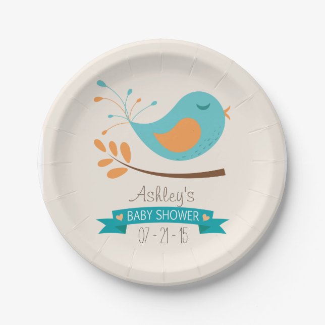 Teal & Orange Bird on Branch Baby Shower Paper Plate (Front)
