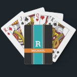 Teal Orange & Black Stripes, Bold Monogram & Name Playing Cards<br><div class="desc">Personalise white monogram and light grey name in bold text on medium teal, orange and black stripes.</div>