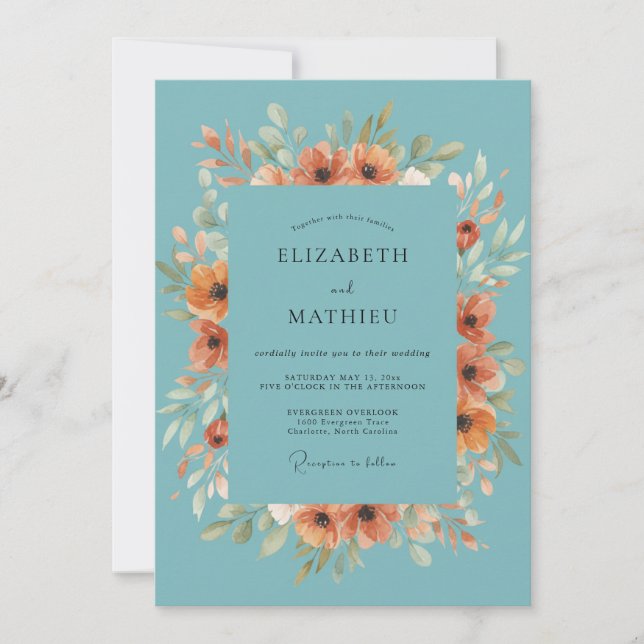 Teal Orange Blossom Flourish Wedding Invitation (Front)