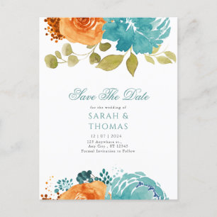Teal Orange Boho Floral Fall Save The Date Postcard