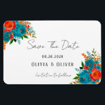 Teal Orange Botanical Floral Wedding Save The Date Magnet<br><div class="desc">You will love these teal and orange watercolor peony flowers and gold geometric frame with faux glitter.  Matching products and invitations to match.</div>