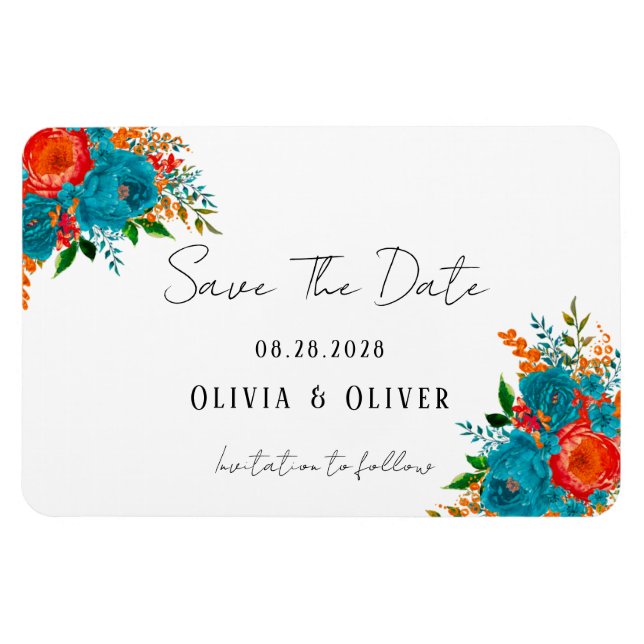 Teal Orange Botanical Floral Wedding Save The Date Magnet (Horizontal)