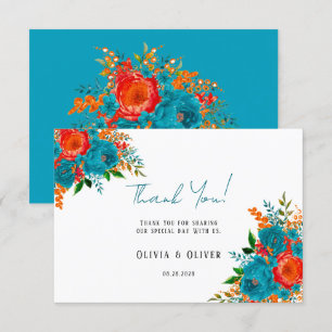 Teal Orange Botanical Floral Wedding Thank You Card